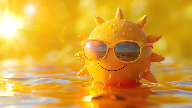 Photo a cartoon sun wearing sunglasses floats in water