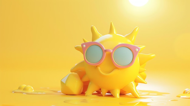 Photo a cartoon sun wearing sunglasses sits in a pool of yellow liquid