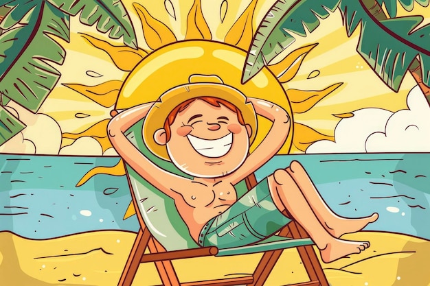 A cartoon sun with arms and legs laying on a beach chair under a palm tree