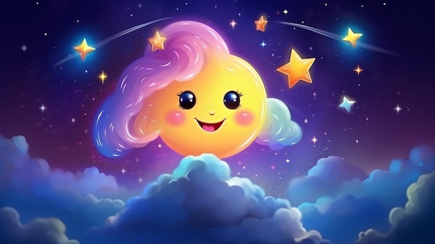 a cartoon sun with a smile on its face and the stars in the sky