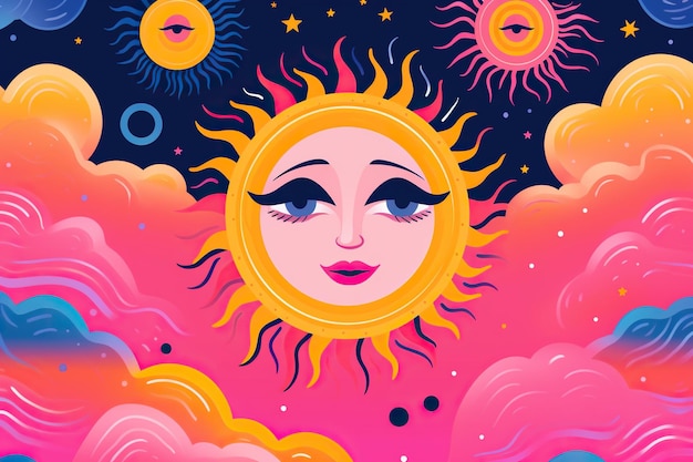 a cartoon sun with a womans face surrounded by clouds The concept of astrology and astronomy