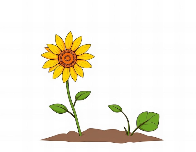 Photo cartoon sunflower with green leaves growing from the ground