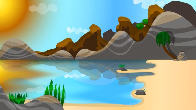 Cartoon Sunny Beach with Mountains and Clear Water Reflections Background