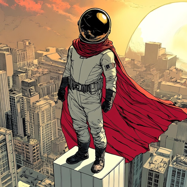 Photo a cartoon of a superhero on a pedestal with a red cape on it