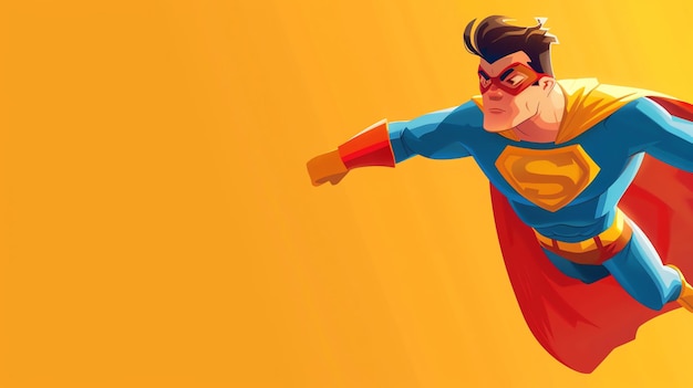 A cartoon superhero with a red cape flies against an orange background leaving room for copy