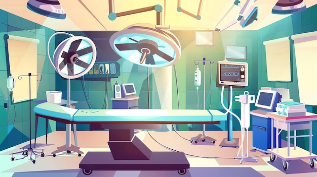 Photo cartoon surgery room interior with operation equipment