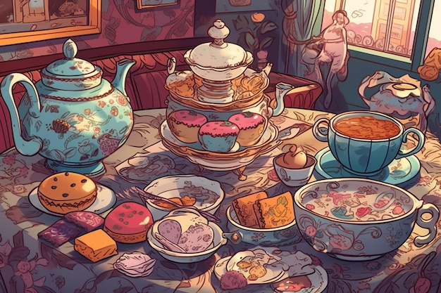 A cartoon of a table with a tea set and a teapot with the words " tea " on it.