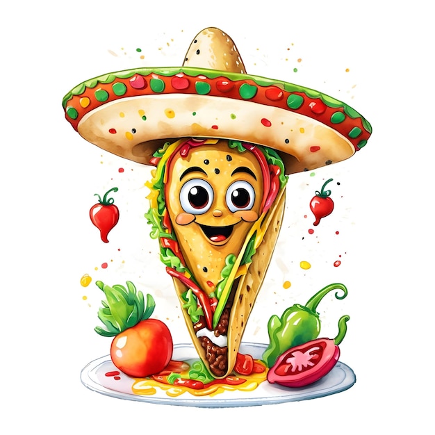 Cartoon taco character with sombrero hat isolated on white background