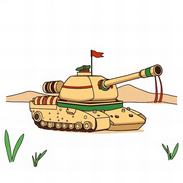 Cartoon tank with a flag on top of it in the desert