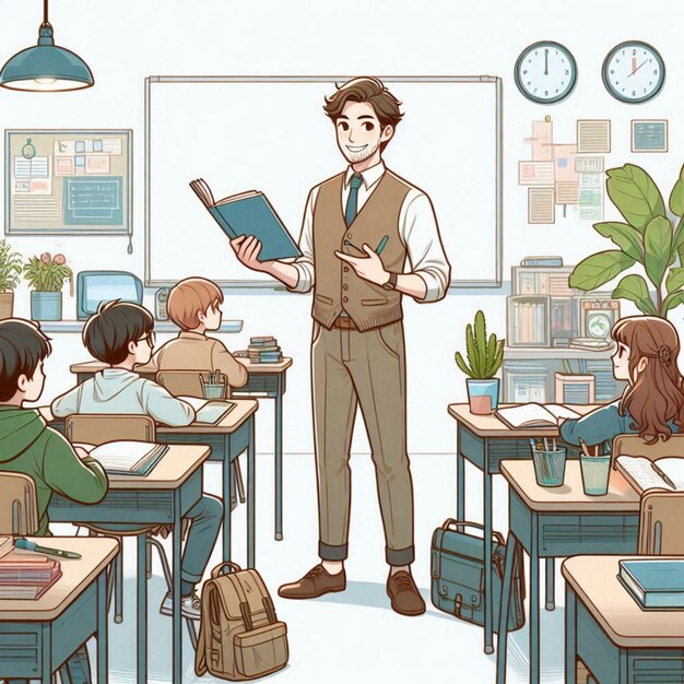 a cartoon of a teacher in a classroom with students in the background