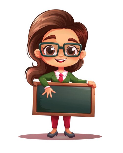 Photo cartoon teacher female character giving presentation with blackboard in classroom