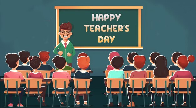 a cartoon of a teacher and students in front of a board that says Happy Teachers Day