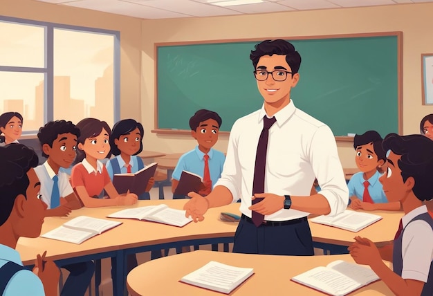 a cartoon of a teacher with many small children in a classroom