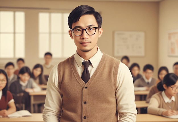 a cartoon of a teacher with many small children in a classroom