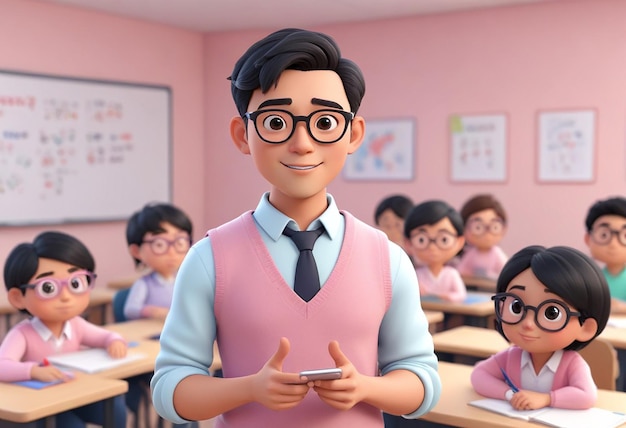 a cartoon of a teacher with many small children in a classroom