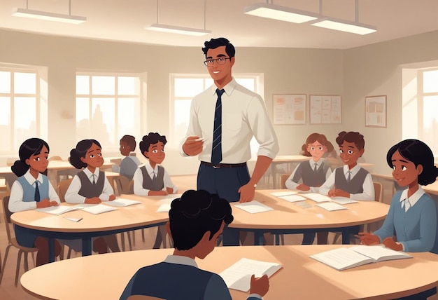 a cartoon of a teacher with many small children in a classroom