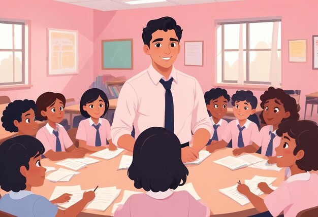 a cartoon of a teacher with many small children in a classroom