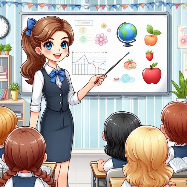 a cartoon of a teacher with a pencil in her hand and the teacher is teaching