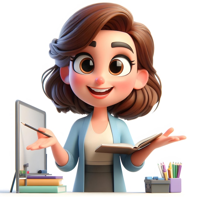 a cartoon of a teacher with a pencil and a noteboo