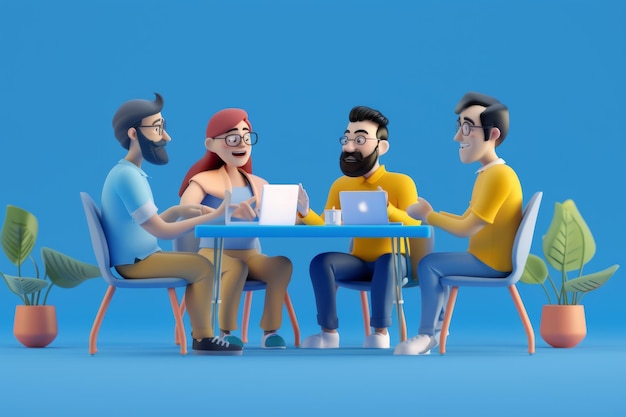 Cartoon Team Meeting With Laptop on Table