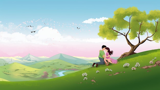 Photo cartoon teenage couple kissing on beautiful nature