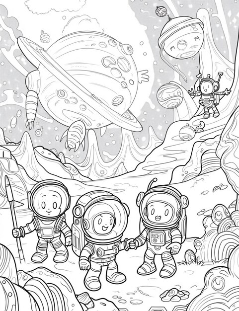 Photo a cartoon of three astronauts holding a rocket and a spaceship