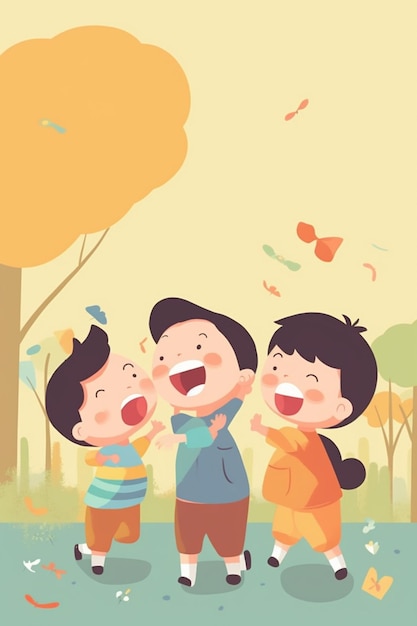 A cartoon of three children having fun with candy in the park.