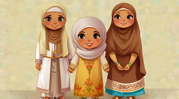 a cartoon of three girls in traditional clothing with the same character