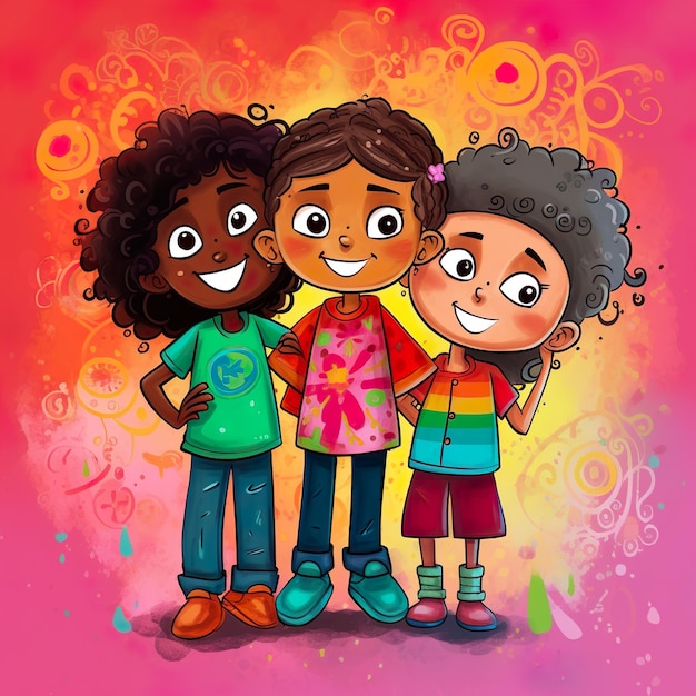 A cartoon of three kids standing together with the word happy on the front