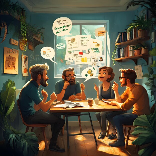 Photo a cartoon of three men sitting at a table with a sign saying  do you eat