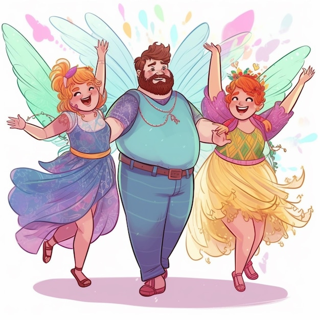 a cartoon of three people dressed in fairy costumes and holding hands up generative ai