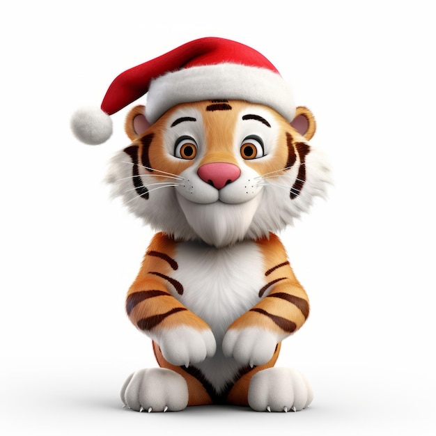 Cartoon Tiger Christmas Hat 3d Render Festive And Playful Animation