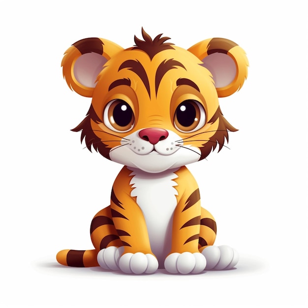 Cartoon tiger cub sitting on the ground with big eyes generative ai