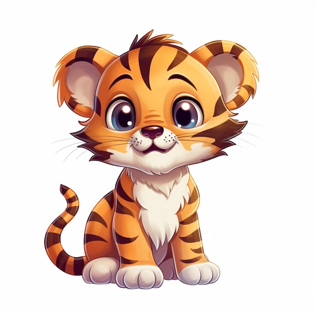 Cartoon tiger cub sitting on the ground with big eyes generative ai