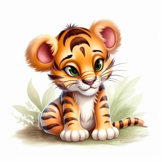 Cartoon tiger cub sitting on the ground with green eyes generative ai