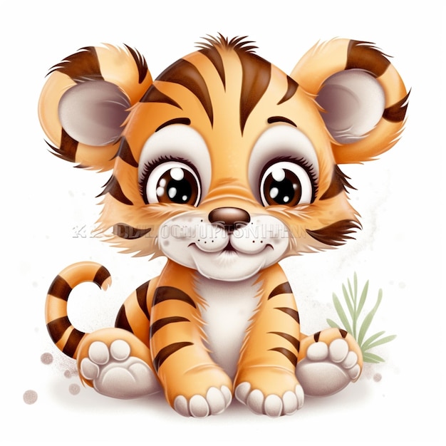 Cartoon tiger cub sitting on the ground with a green leaf generative ai