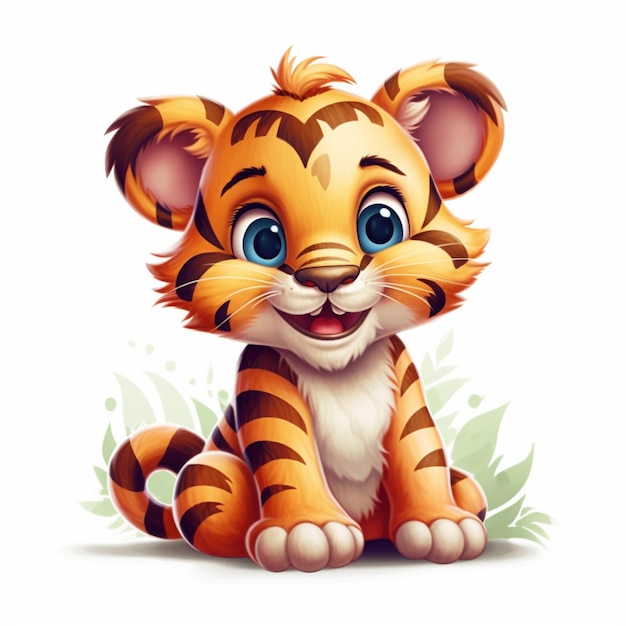 A cartoon tiger cub with blue eyes sits on a white background.