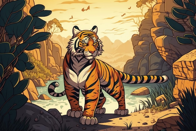 A cartoon tiger is standing in a jungle.