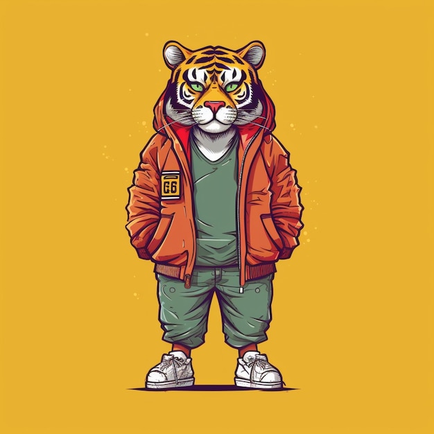 a cartoon tiger wearing a jacket and pants with a hoodie generative ai