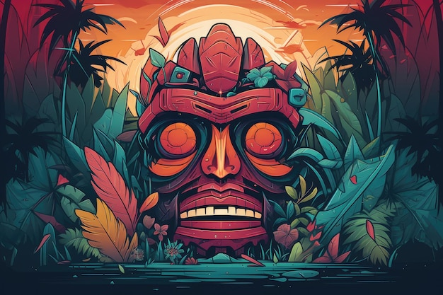 A cartoon of a tiki mask with a tropical background