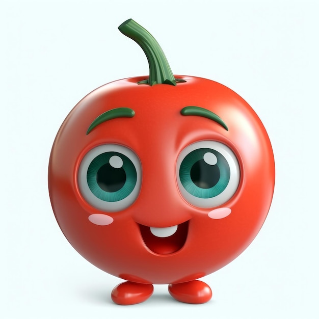 A cartoon tomato with eyes and a green nose is on a white background.