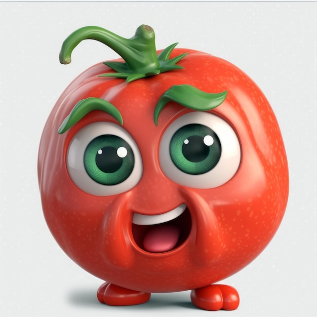 A cartoon tomato with green eyes