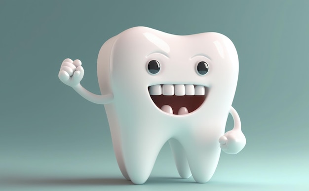 A cartoon tooth with a human face and a smile on it.