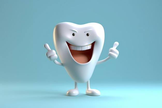 A cartoon tooth with two thumbs up on a blue background.