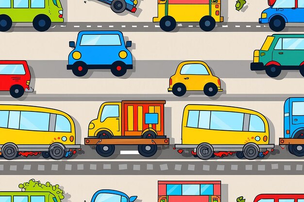 Cartoon Transportation Background for Kids Vector Seamless Pattern with Doodle Toy Cars