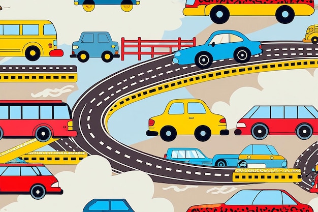 Cartoon Transportation Background for Kids Vector Seamless Pattern with Doodle Toy Cars