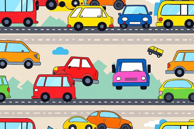 Cartoon Transportation Background for Kids Vector Seamless Pattern with Doodle Toy Cars