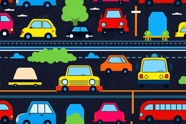 Cartoon Transportation Background for Kids Vector Seamless Pattern with Doodle Toy Cars