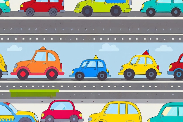 Cartoon Transportation Background for Kids Vector Seamless Pattern with Doodle Toy Cars