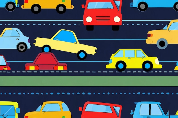 Cartoon Transportation Background for Kids Vector Seamless Pattern with Doodle Toy Cars